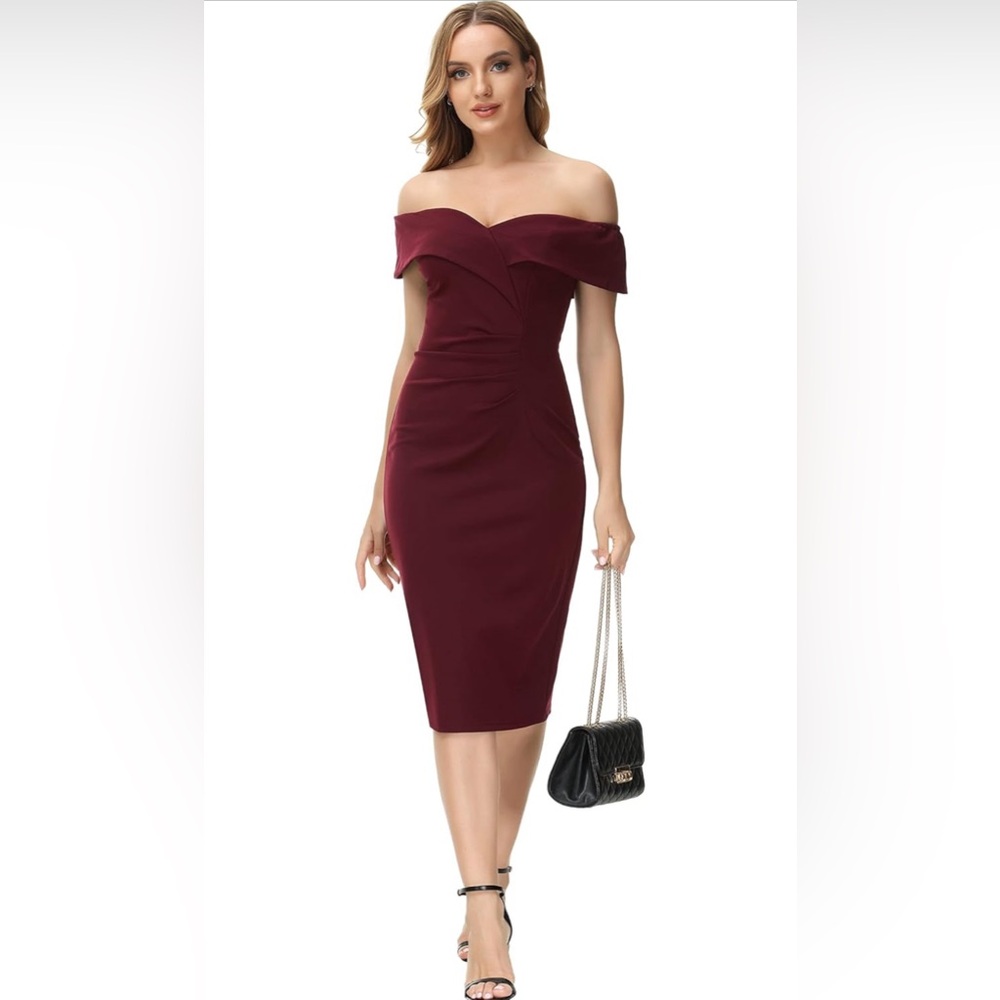 JASAMBAC Off Shoulder V-Neck Ruched Short Sleeve Dress, Size M, Color: Wine Red